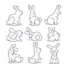 Collection of cute white bunny characters isolated on white background. Rabbit animal icon. Hand drawn doodle style. Vector illustration. For stickers, cards, tags, Easter decor.