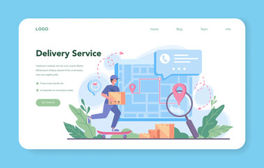 Delivery service web banner or landing page. Courier in uniform
