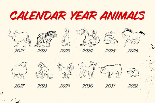 Collection of chinese year calendar animals silhouettes isolated on white background. Vector hand drawn sketch style illustration. For banners, cards, advertising, congratulations.
