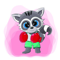 Fototapeta na wymiar A cute raccoon who is boxing. A confident vector athlete smiles while waiting for the competition, he has been preparing for them for a long time, and he will show everyone what he is worth.