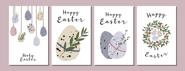 Fototapeta na wymiar Easter cards. Cute easter egg, nest, branch and leaves. Eco rustic decoration. Vector flat cartoon illustration. Perfect for poster, print, card, invitation, greeting, tag