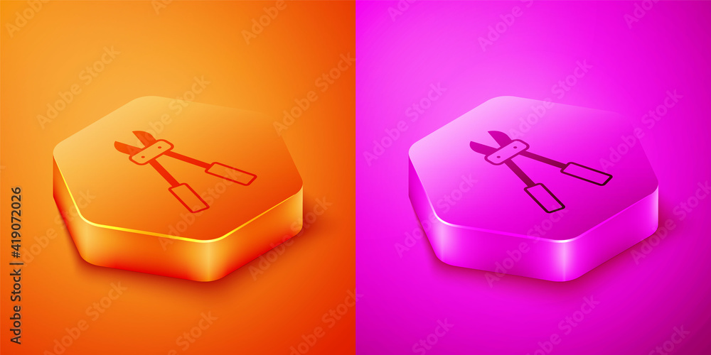 Poster isometric bolt cutter icon isolated on orange and pink background. scissors for reinforcement bars t