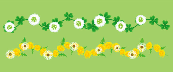 Line of flowers ,Dandelion and White clover - Decorative design elements