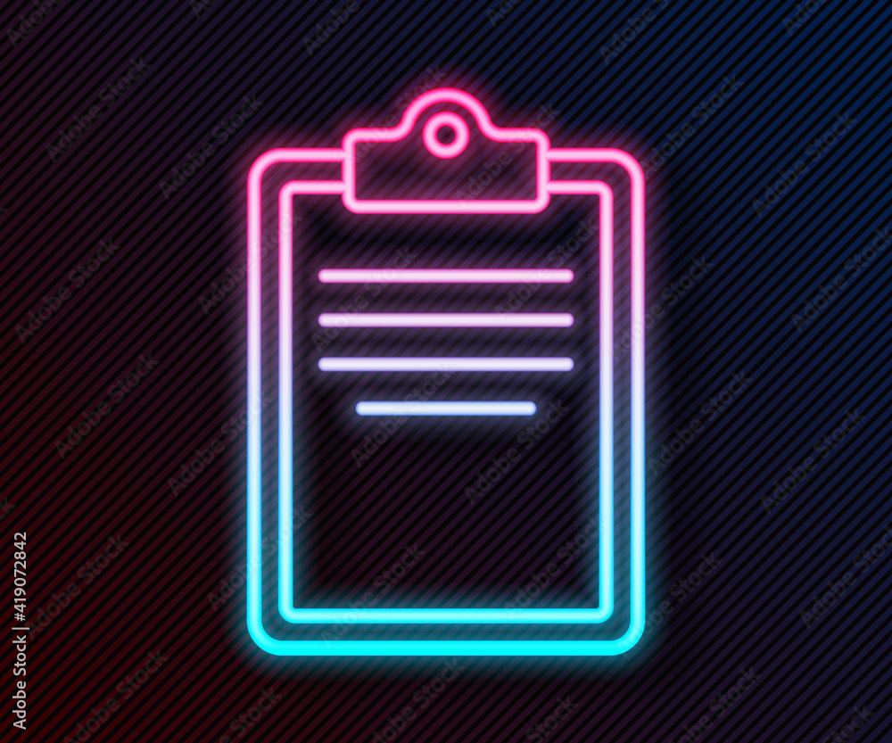 Poster glowing neon line clipboard with checklist icon isolated on black background. control list symbol. s