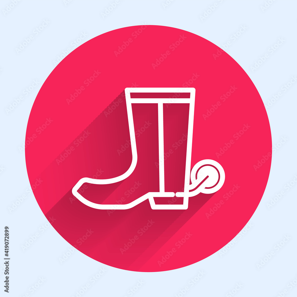 Poster white line cowboy boot icon isolated with long shadow. red circle button. vector.