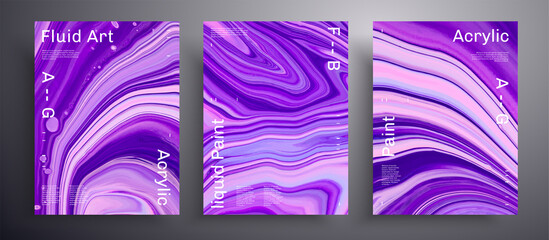 Abstract vector placard, set of modern design fluid art covers. Trendy background that can be used for design cover, invitation, flyer and etc. Purple, pink and navy blue creative iridescent artwork