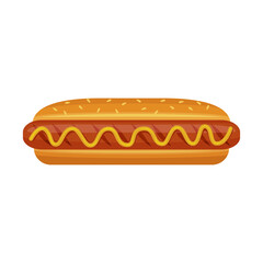 Hot dog. A delicious fast food dish with sausage, bread and mustard. A traditional street food dish for a quick snack. Vector illustration isolated on a white background for design and web.