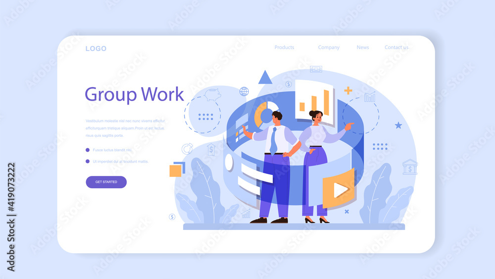Aufkleber collaboration web banner or landing page. office characters working in team.