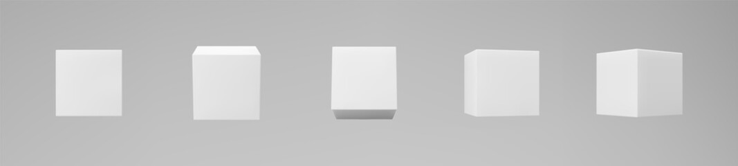 White 3d modeling cubes set with perspective isolated on grey background. Render a rotating 3d box in perspective with lighting and shadow. Realistic vector icon