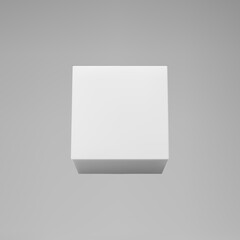 White 3d modeling cube with perspective isolated on grey background. Render a rotating 3d box in perspective with lighting and shadow. Realistic vector icon