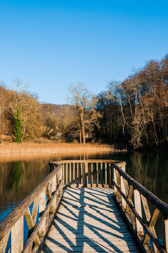 Arlesheim, Ermitage, See, Holzsteg, Steg, Wanderweg, Wald, Fr&uuml;hling, Winter, Abendsonne, Abendstimmung, Baselland, Schweiz