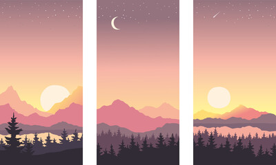 Abstract night landscape with mountains and firs. Three vector illustrations, wallpapers. Twilight, sunset.	