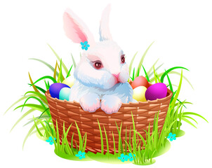 Easter rabbit bunny in basket with eggs vector cartoon