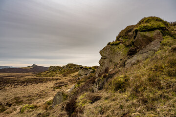 Fototapeta na wymiar Bleak winter panoramic view of Baldstone, and Gib Torr in the Peak District National Park.