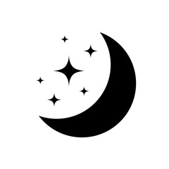 Moon with stars in night sky. Moon and star light isolated on white background. Crescent. Simple celestial shapes. Silhouette graphic elements. Icon sleep. Half moon with star. Black outline. Vector - obrazy, fototapety, plakaty