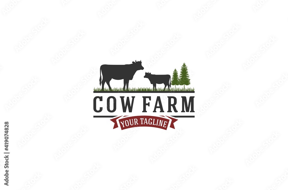 Sticker cow farm logos complete with lush cow vectors and grasses