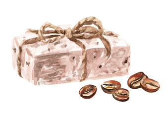 Handmade soap bars with coffee. Organic soap. Spa treatments. Watercolor hand drawn illustration, isolated on white background