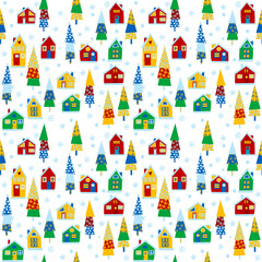 Cartoon winter background with houses