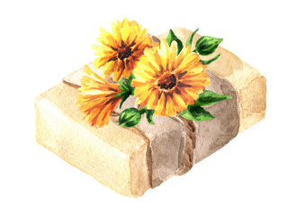 Natural handmade herbal Calendula soap with flowers. Watercolor hand drawn illustration, isolated on white background