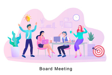 Team Project Brainstorm. Business People Characters Sitting at Desk at Board Meeting Discussing Idea in Office. Company teamwork. Vector illustration.
