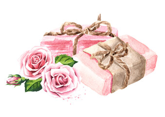 Obraz na płótnie Canvas Natural handmade rose soap with flowers. Watercolor hand drawn illustration, isolated on white background