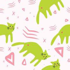 Cute baby pattern with green cats, hearts and abstract spots. Seamless pattern for kids
