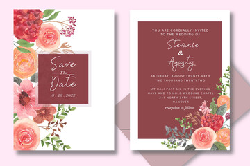 Watercolor wedding Invitation set card with hand drawing flower and leaves