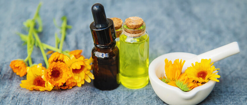 The calendula extract. Selective focus. medical nature