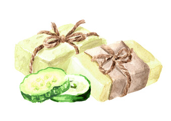 Natural handmade soap with cucumber. Watercolor hand drawn illustration, isolated on white background