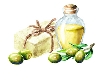 Natural handmade soap with olive oil. Watercolor hand drawn illustration, isolated on white background
