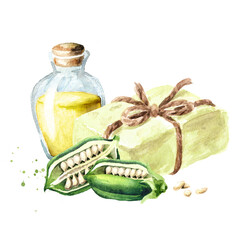 Natural handmade soap with Sesame oil. Watercolor hand drawn illustration, isolated on white background