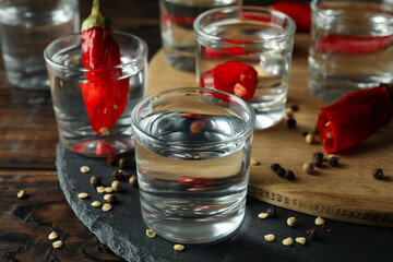 Shots of vodka and pepper on wooden background, close up