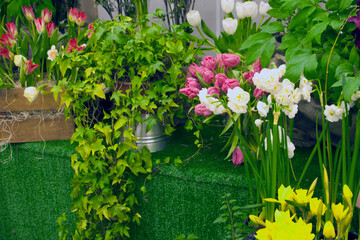 Floral shop concept. Handsome fresh bunch. Flowers delivery.