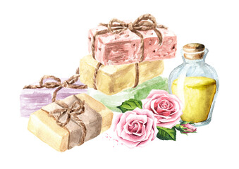 Fototapeta na wymiar Natural handmade soap, with essential oil and rose flowers. Watercolor hand drawn illustration, isolated on white background