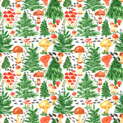 Colorful watercolor trees, animal footprints and mushrooms seamless  pattern.  Hand Illustration for creating fabrics, wallpapers, gift wrapping paper, invitations, textile, scrapbooking.