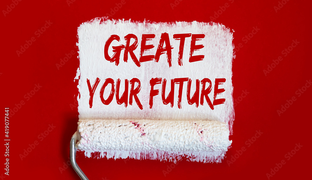 Aufkleber create your future .one open can of paint with white brush on red background. top view.