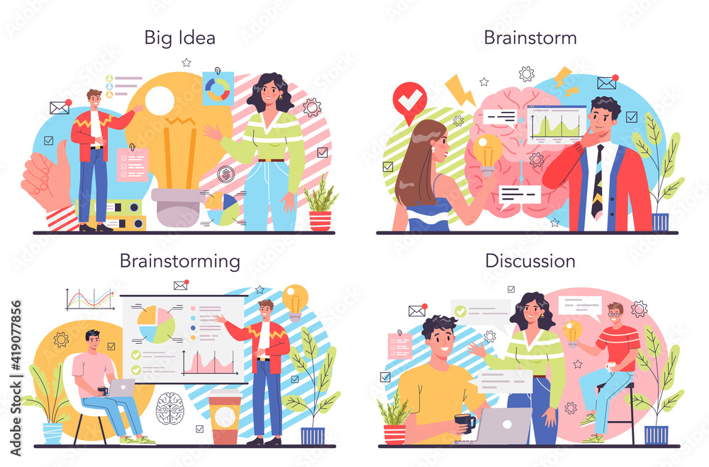 Poster brainstorm concept set. new idea generation in teamwork discussion.