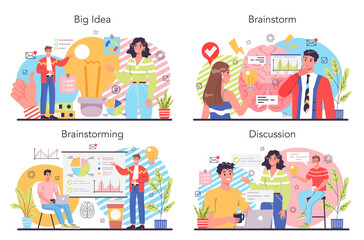 Brainstorm concept set. New idea generation in teamwork discussion.