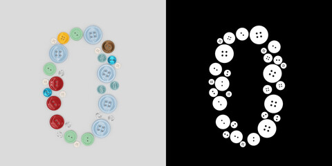0 symbol of sewing button. Symbol from buttons . Letter from buttons. Font from buttons. On a white background. 3D image