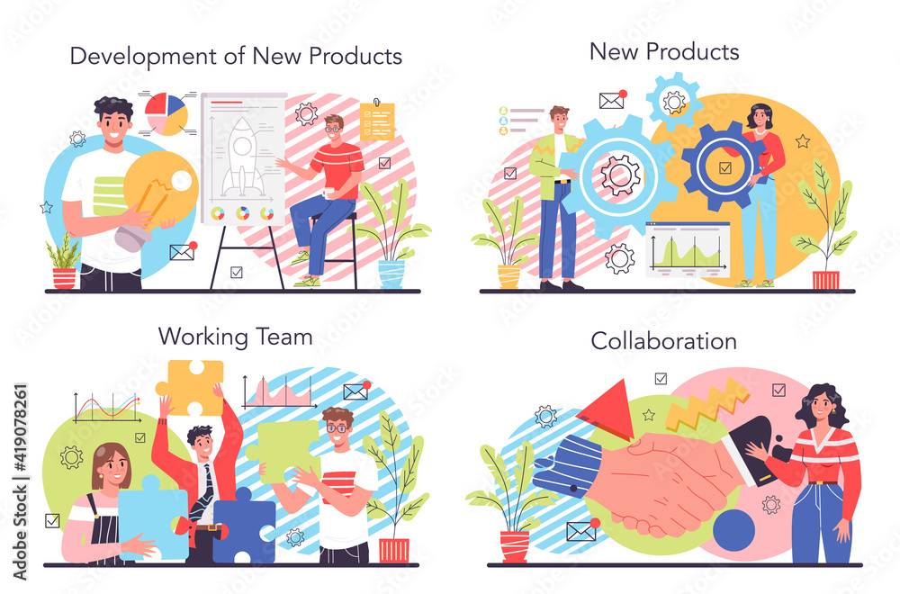 Poster collaboration concept set. office characters working in team. idea of success
