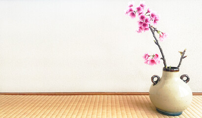 春を感じる綺麗な桜と畳の画像