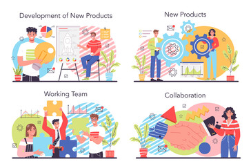 Collaboration concept set. Office characters working in team. Idea of success