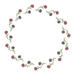 Round frame with pink and violet aster flowers on white background. Doodle style. Vector image.