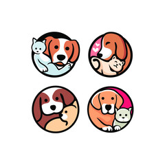 set of Cute funny cats and dogs logo, 
pets cartoon collection. Furry human friends home animals