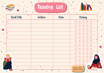 Books to read memo with Title, Author, Date and Rating. Daily Reading List of student. School Agenda for habit to read every day. Page of organization plan to read. Stickers of Woman with book.