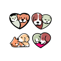 set of Cute funny cats and dogs logo, 
pets cartoon collection. Furry human friends home animals