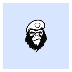 Serious gorilla in monochrome style in the beret. Vector illustration
