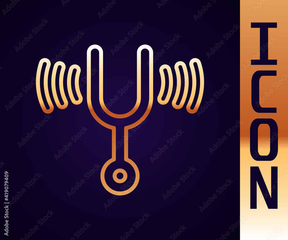 Poster gold line musical tuning fork for tuning musical instruments icon isolated on black background. vect