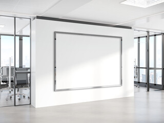 Black horizonal frame Mockup hanging on wall. Mock up of a billboard in modern concrete office interior 3D rendering