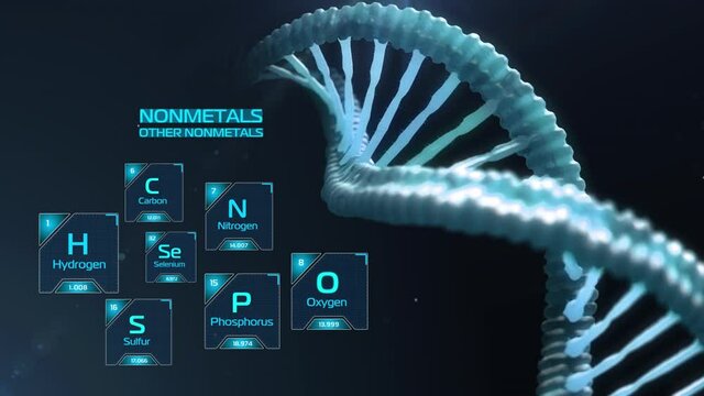 Chemical elements of the periodic table. Classification nonmetals. Other nonmetals. Blue glowing elements of Mendeleev's table with typing name and runing atomic weight and number. DNA chain.